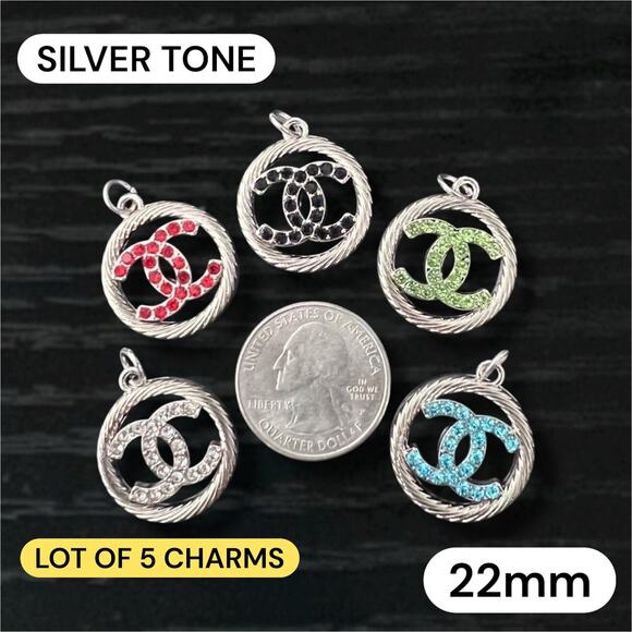 Lot Of 5 Chanel Round Silver Tone Zipper Pull Button Charms 22mm - Picture 1 of 2